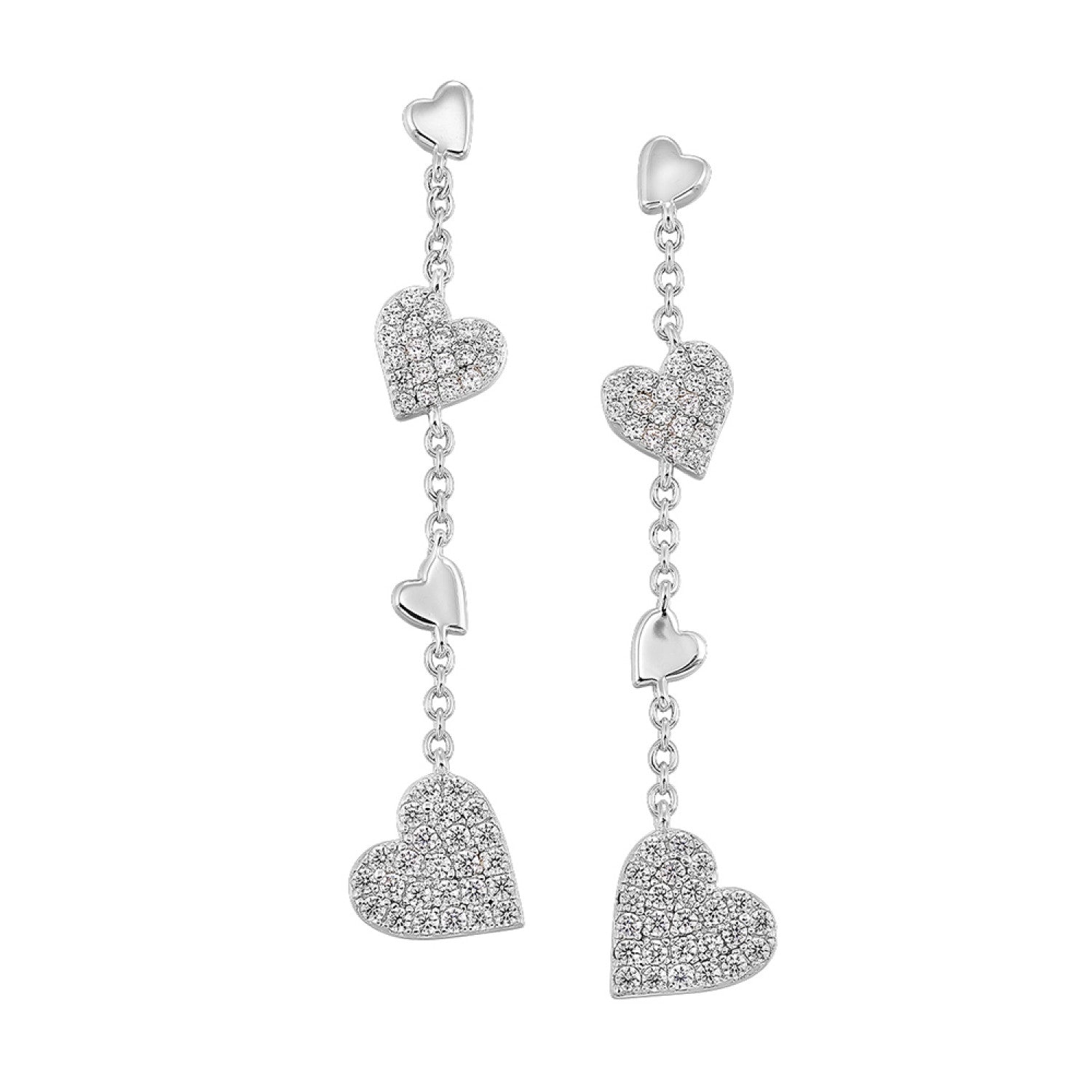 Lady's Sterling Silver dangle heart  Earrings With = Round Cubic Zirconiums