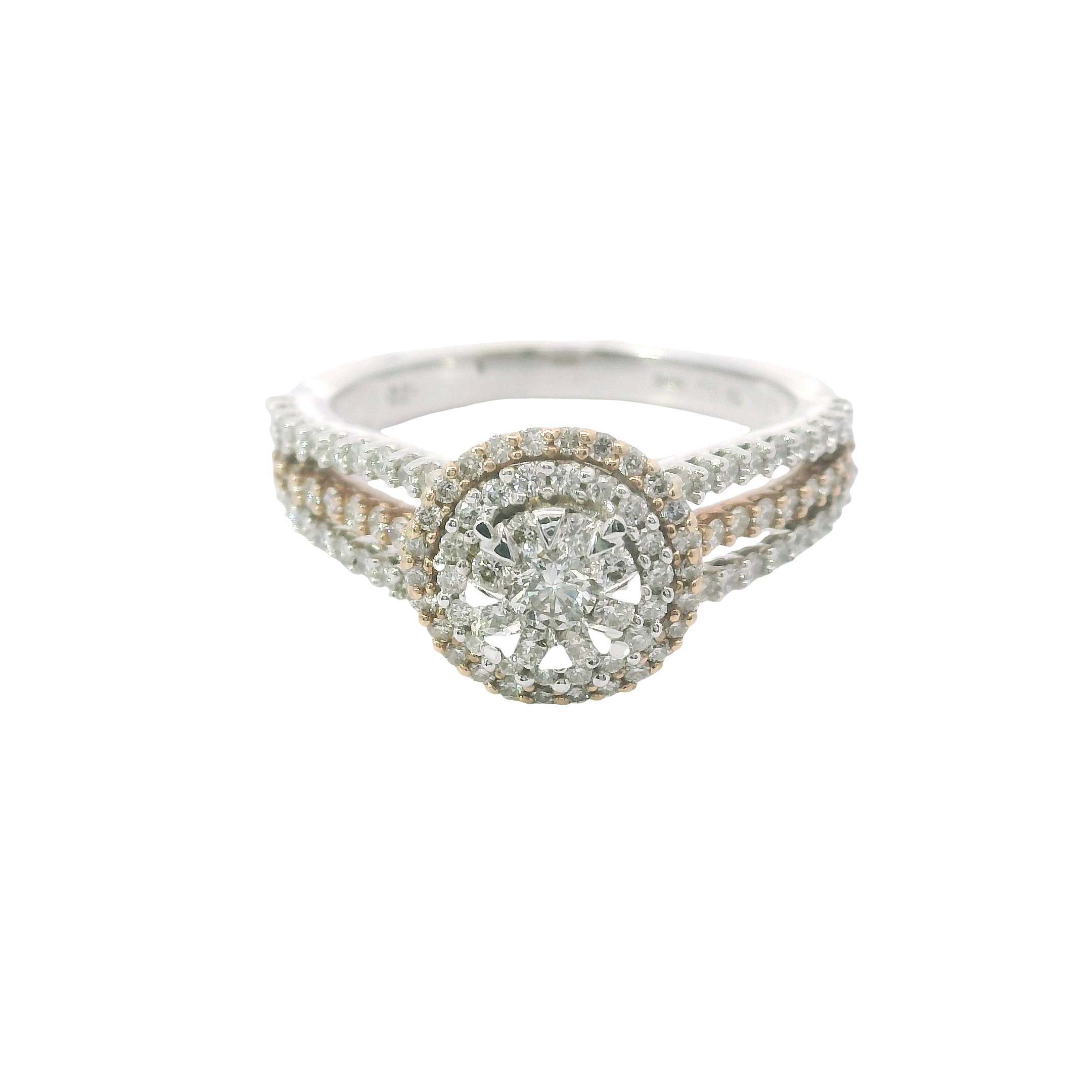 Blush Brilliance: 0.70ct Diamond Cluster Engagement Ring in 10K White & Rose Gold – Size 6.5