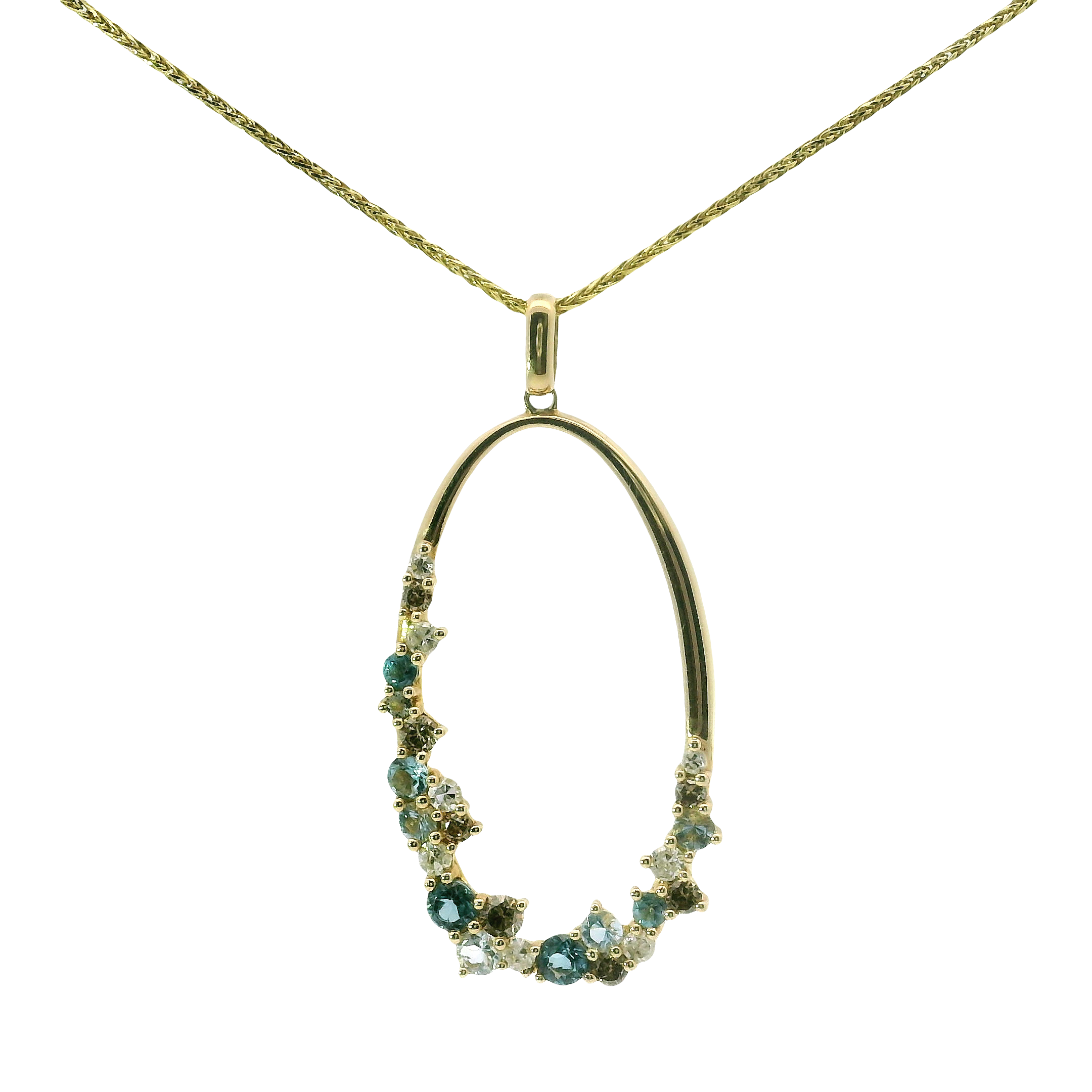 14kt Yellow Gold Necklace with Aquamarine, Blue Topaz & Chocolate Diamond Accents – 18"