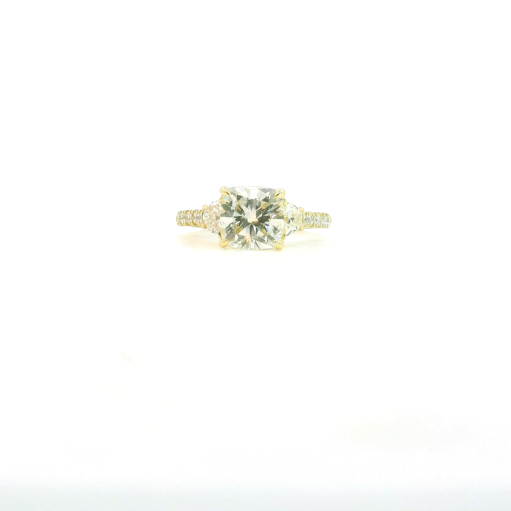 Yellow 14 Karat Lab Grown Diamond Engagement Rings With One = 2.75Ct Cushion E/F Vs1 Diamond And 12 = 0.75Twt Round E/F Vs1 Diamonds