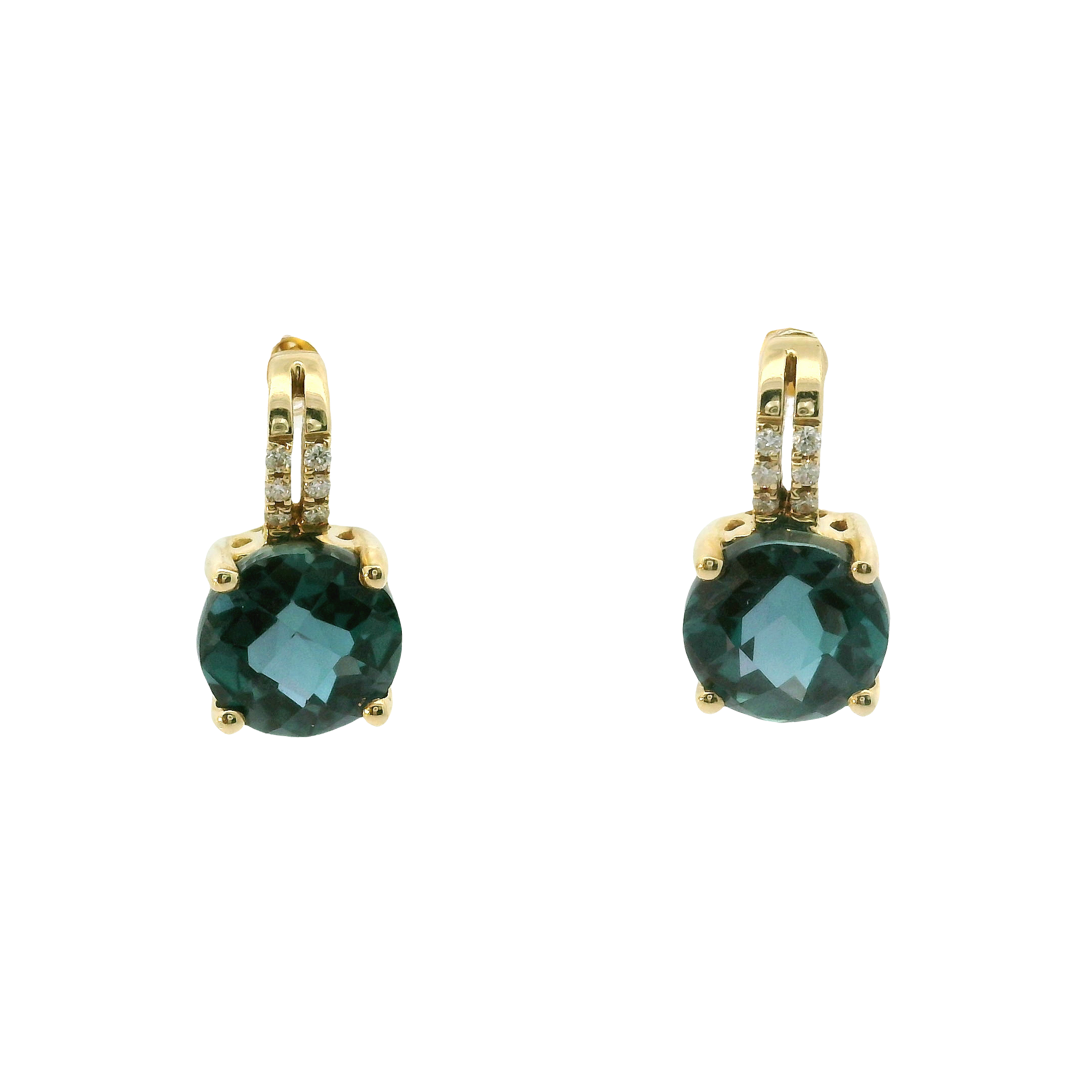 14 Karat Yellow Gold Lady’s Earrings with 2 Round Alexandrites & 12 Round G/H SI1 Diamonds