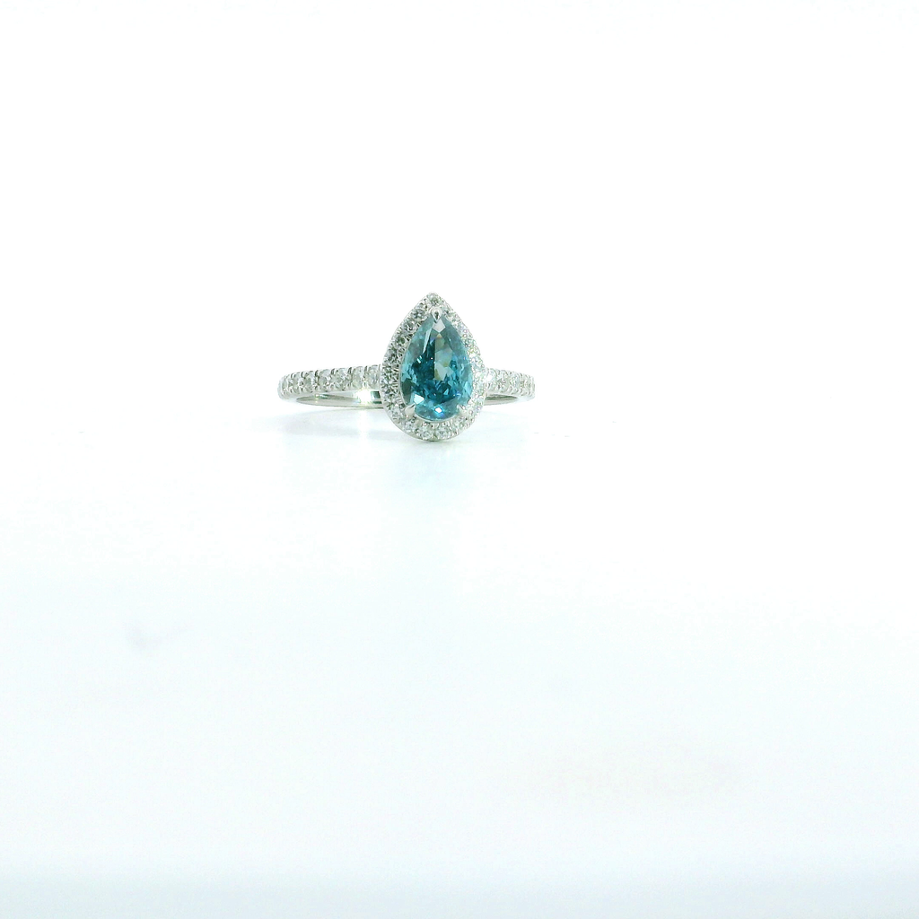 White 14 Karat Lab Grown Diamond Engagement Rings With One = 1.04Ct Pear Vs1 Blue Diamond And 35 = 0.40Twt Round E/F Vs1 Diamonds