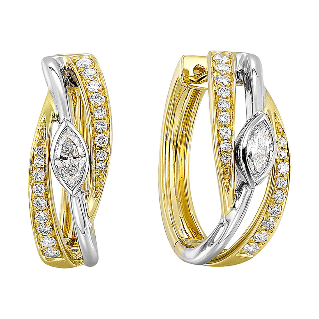 Lady's Two Tone 14 Karat Earrings With 2 = Marquise Diamonds And 32 = 0.50Tw Round H/I I1 Diamonds