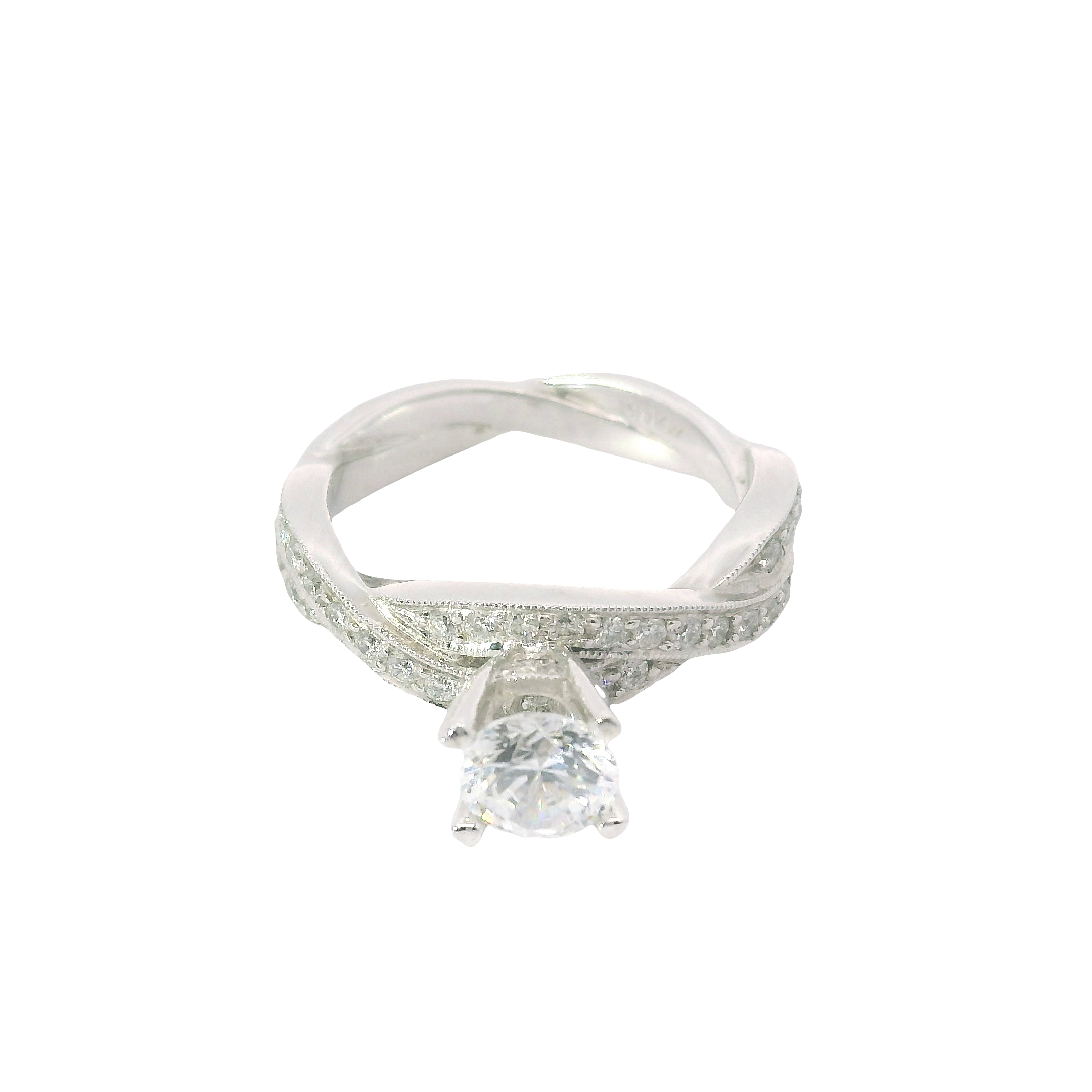 Graceful Twist: 0.50ct Diamond Milgrain Crossover Semi-Mount Ring in 14K White Gold with Round CZ