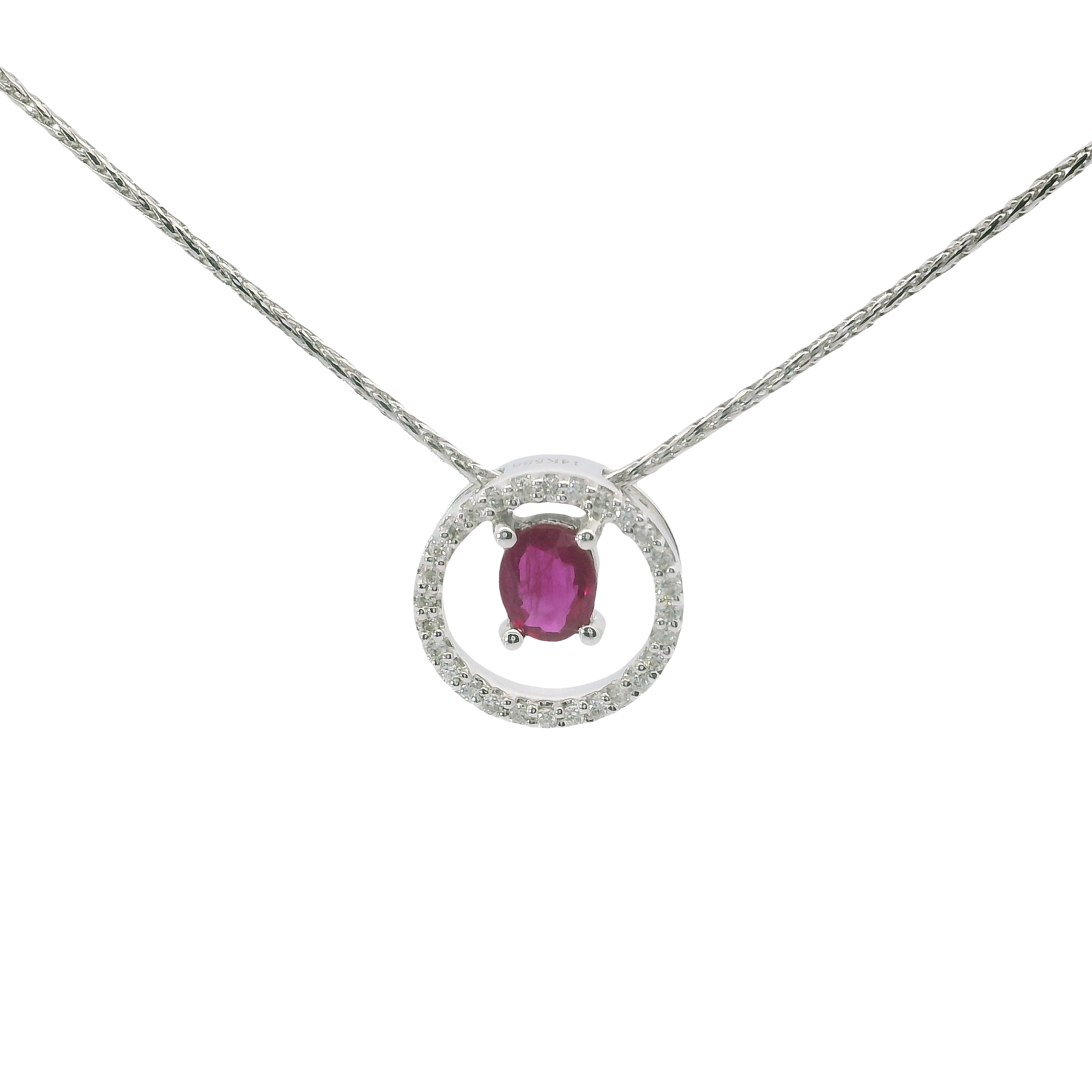 14K White Gold Oval Ruby Pendant with Diamond Halo