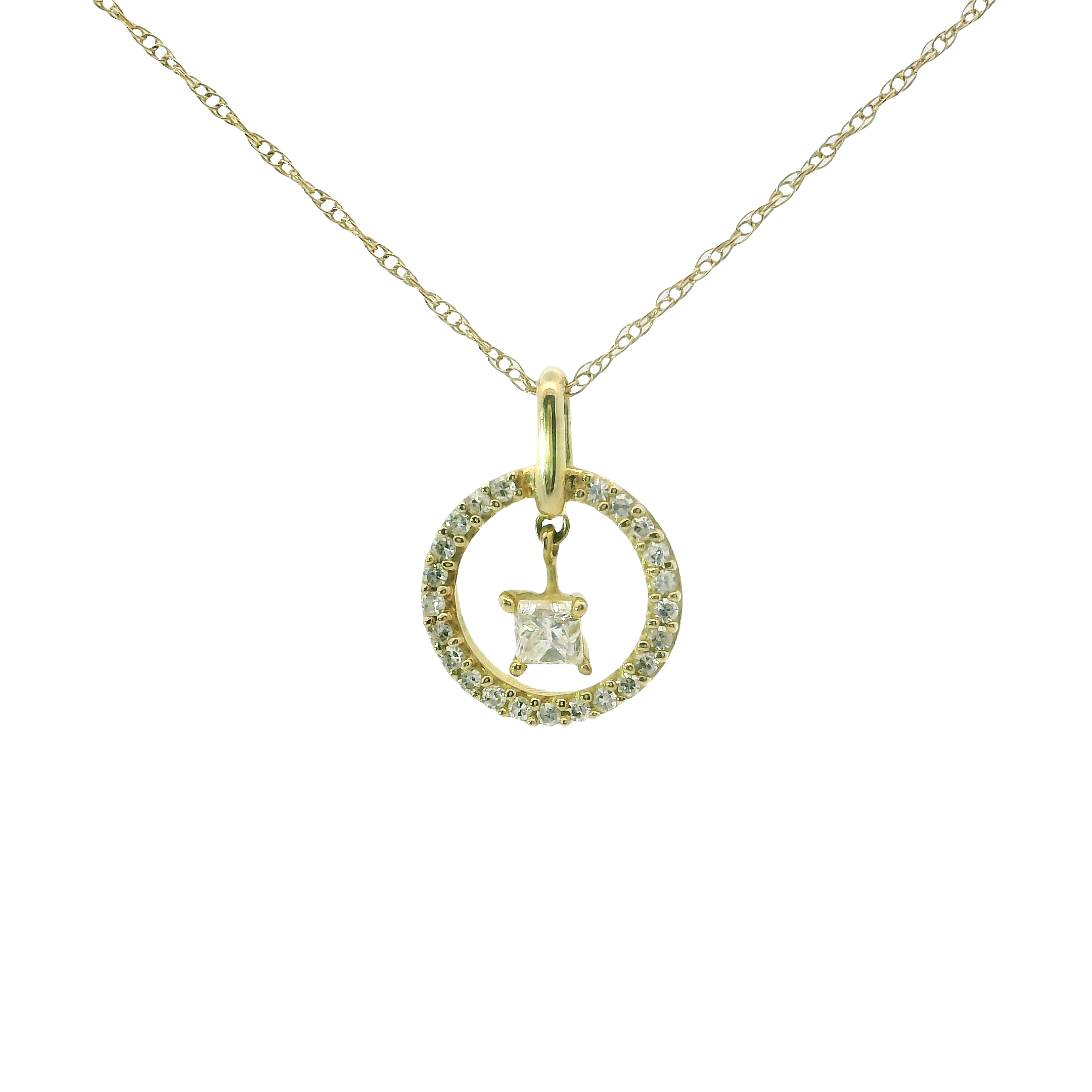 10K Yellow Gold Princess-Cut Diamond Pendant with Round Diamond Accents