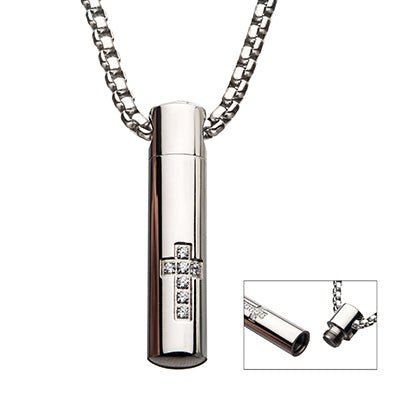 Stainless Steel Memorial Cross Pendant with Clear CZ and Stainless Steel Box Chain