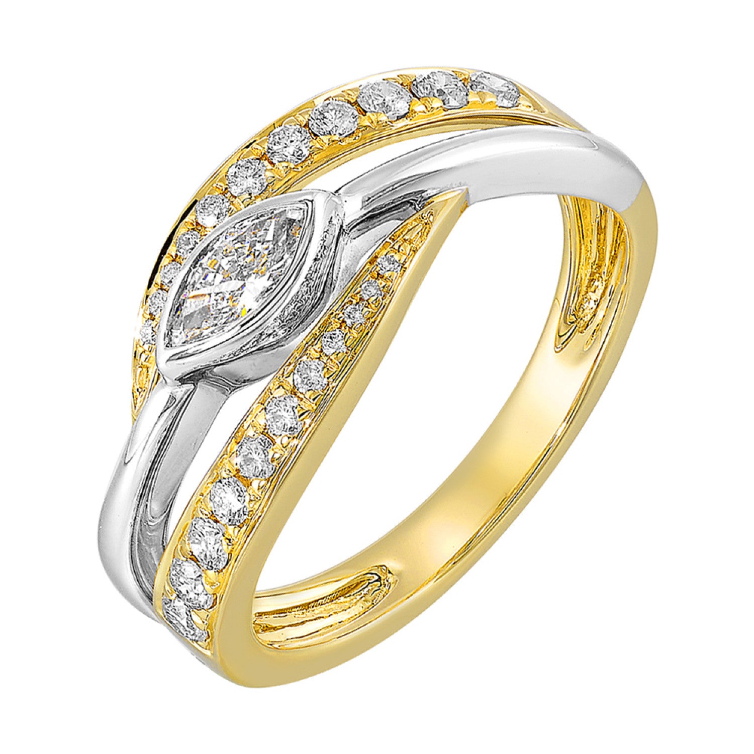 Lady's Yellow 14 Karat Fashion Ring Size 6.5 With One = 0.25Ct Marquise Diamond And 22 = 0.25Tw Round Diamonds