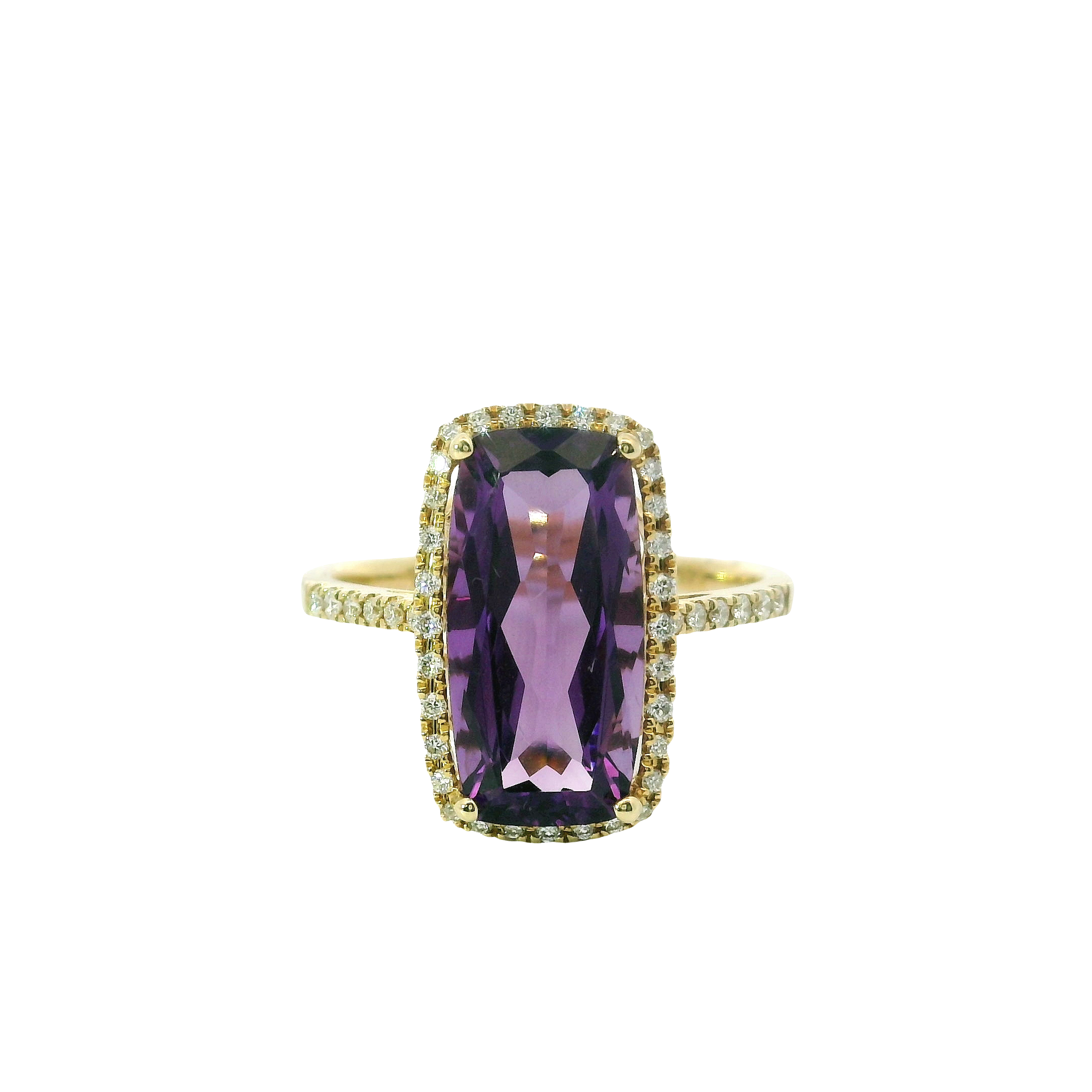 14kt Yellow Gold Cushion-Cut Amethyst Ring with Diamond Halo – Size 6.5
