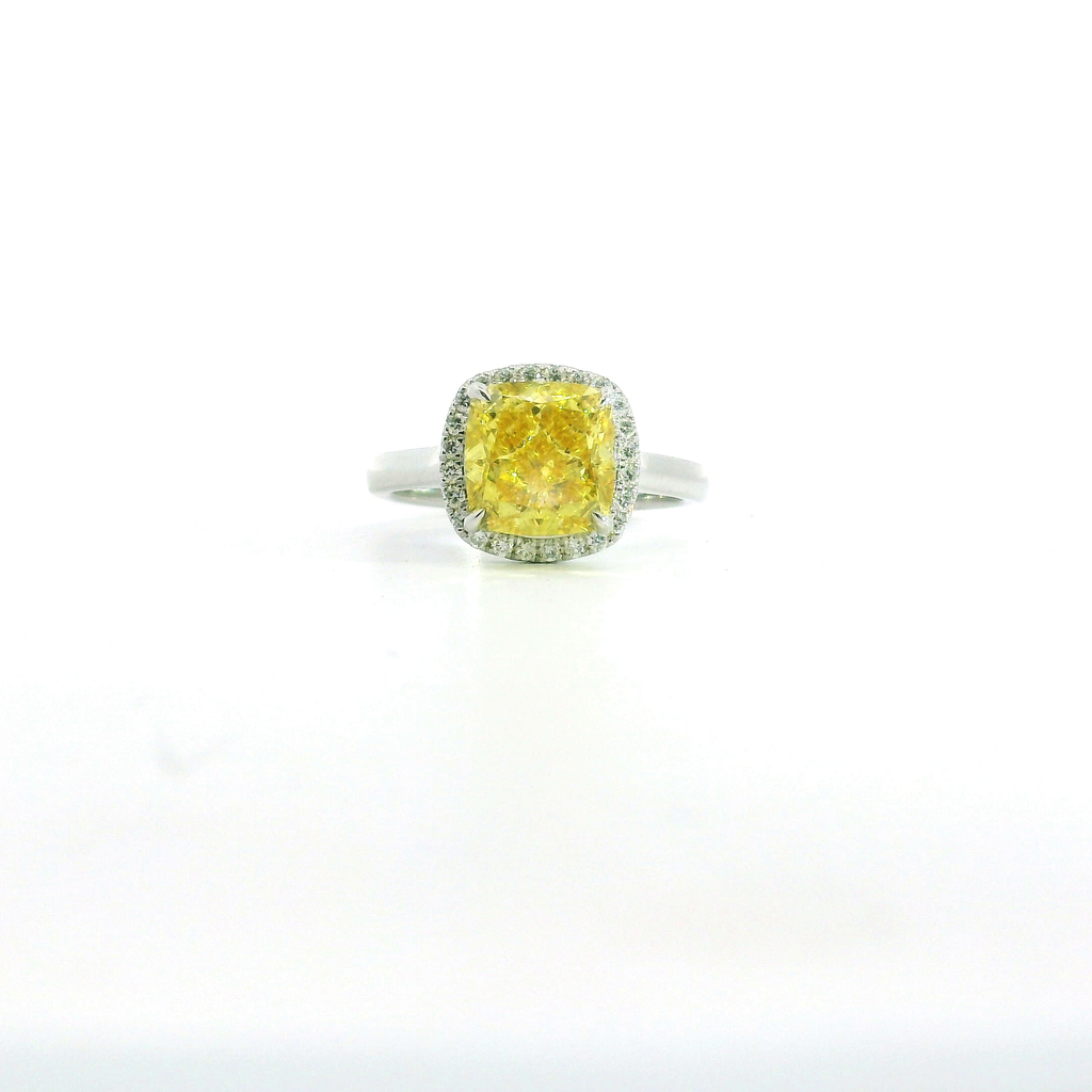 White 14 Karat Lab Grown Diamond Engagement Rings With One = 3.50Ct Cushion Vvs2 Yellow Diamond And 24 = 0.19Twt Round E/F Vs1 Diamonds