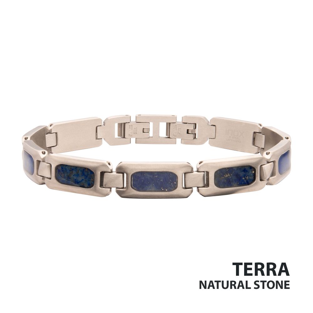 Matte Finish Stainless Steel Lapis Lazuli Stone Inlay Sizeable Link Bracelet
