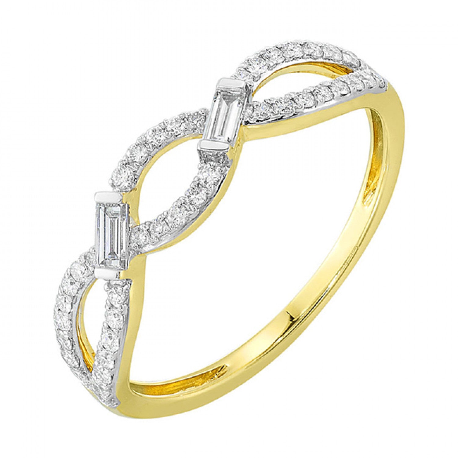 Lady's Yellow 10 Karat Fashion Ring Size 6.5 With 2 = 0.14Tw Baguette Diamonds And 40 = 0.19Tw Round Diamonds