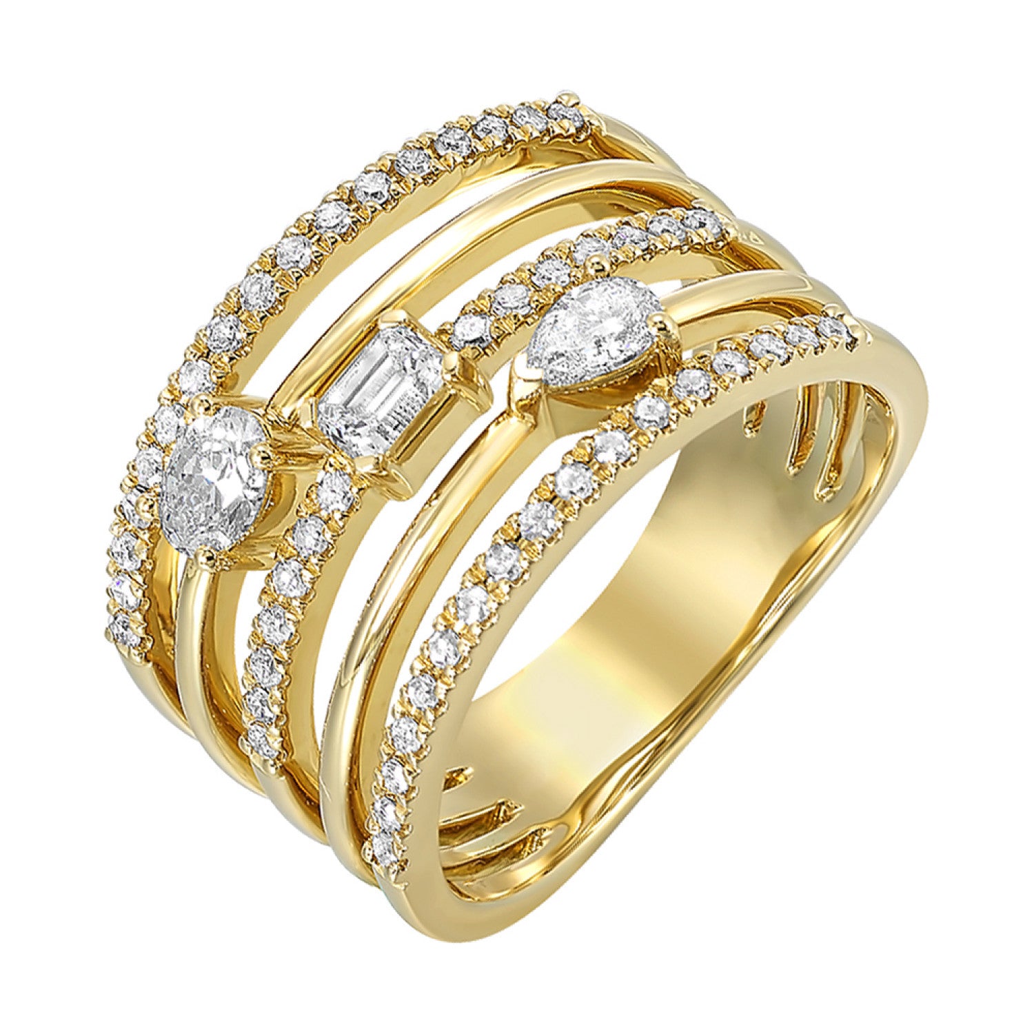 Lady's Yellow 14 Karat Fashion Ring Size 6.5 With One = 0.07Ct Emerald Diamond, One = 0.07Ct Oval Diamond And 0.61 Twt Other Stones