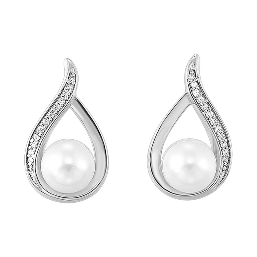 Lady's Yellow 14 Karat Earrings With 24 = 0.04Tw Round Diamonds And 2 = 2.00Tw Round Pearls