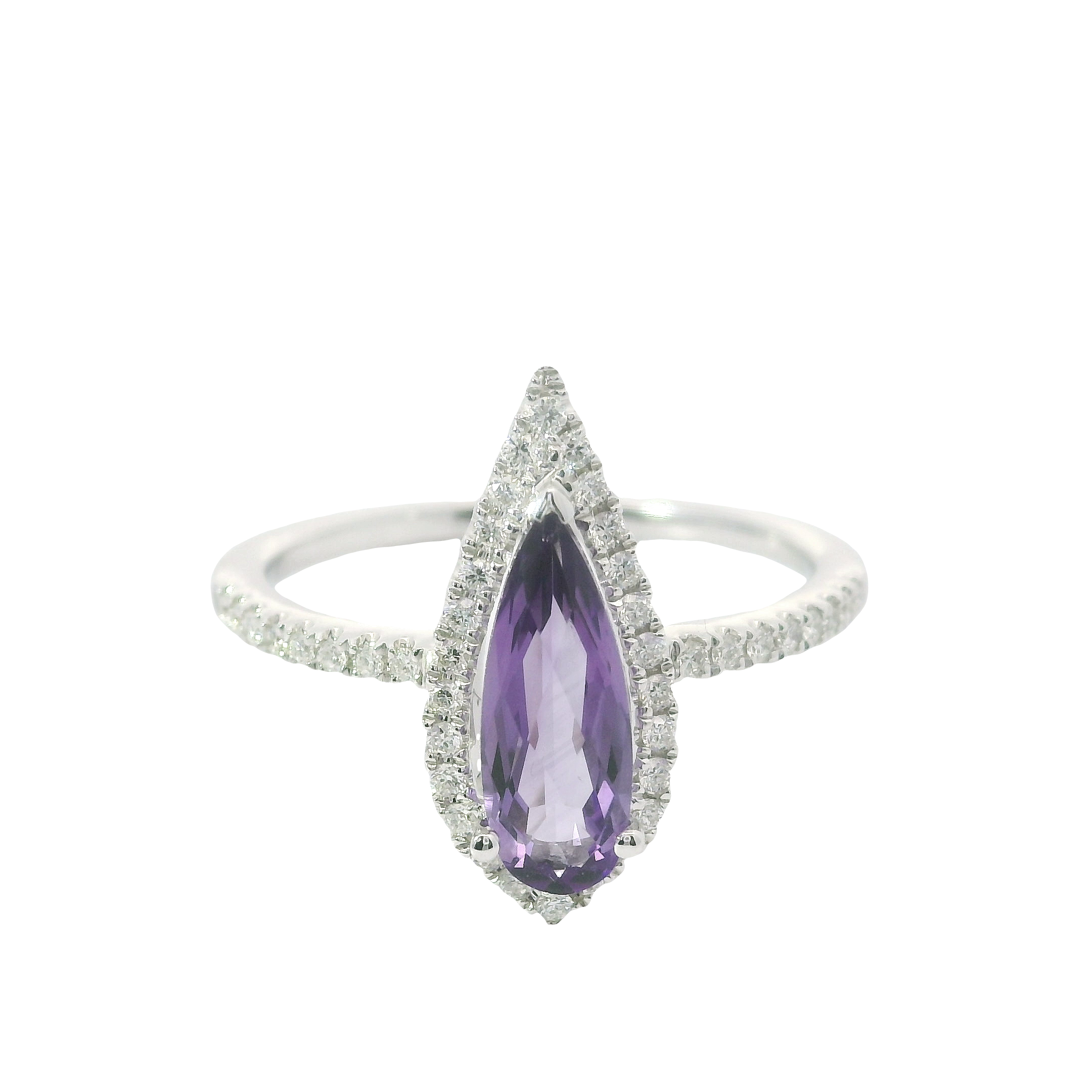 14kt White Gold Pear-Shaped Amethyst & Diamond Fashion Ring – Size 7