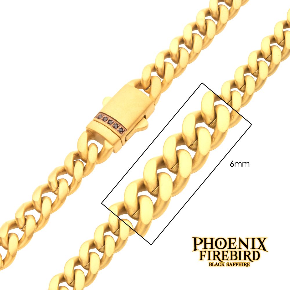 6mm Gold IP Steel Matte Finish Miami Cuban Chain Necklace Genuine Black Sapphire