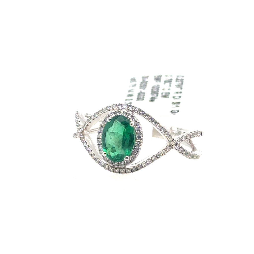 Lady's White 14 Karat Fashion Ring Size 6.75 With = 0.22Tw Round G/H Si1 Diamonds And One = 0.75Ct Oval Emerald