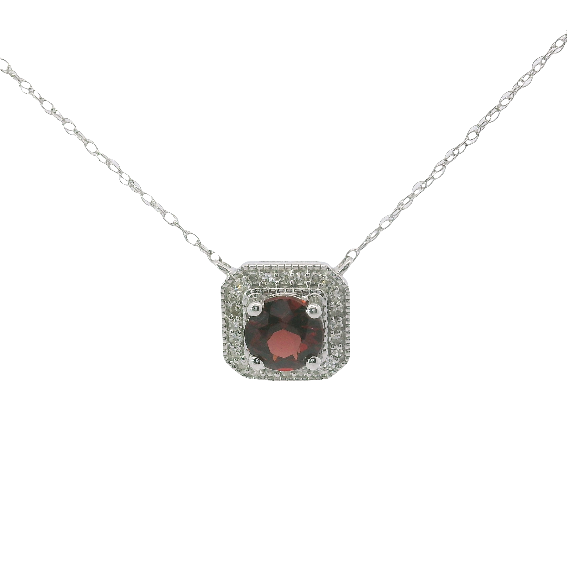 10K White Gold Round Garnet Pendant with Diamond Accents