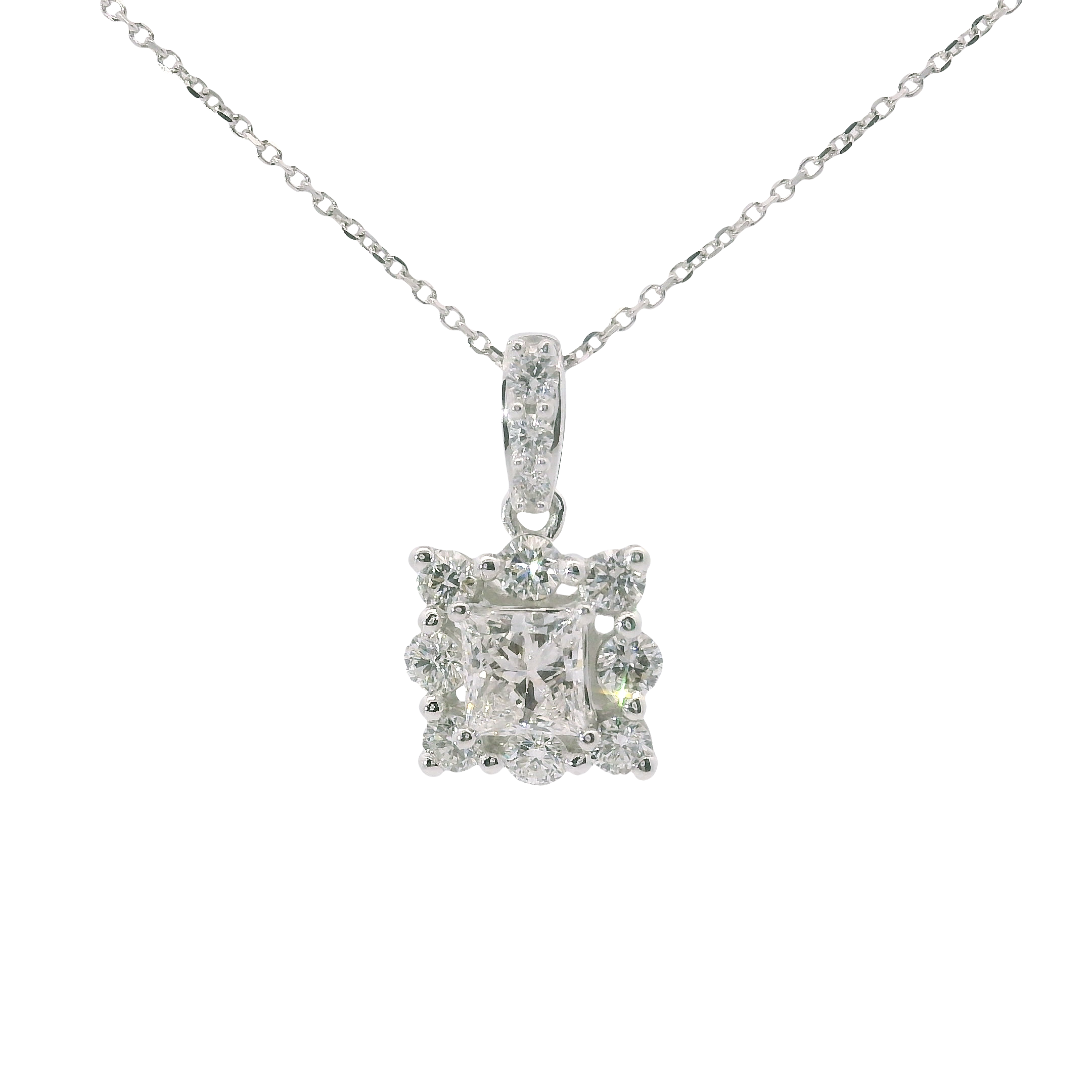 14K White Gold 1ctw Lab-Grown Diamond Pendant with Princess-Cut Center on 18" Chain