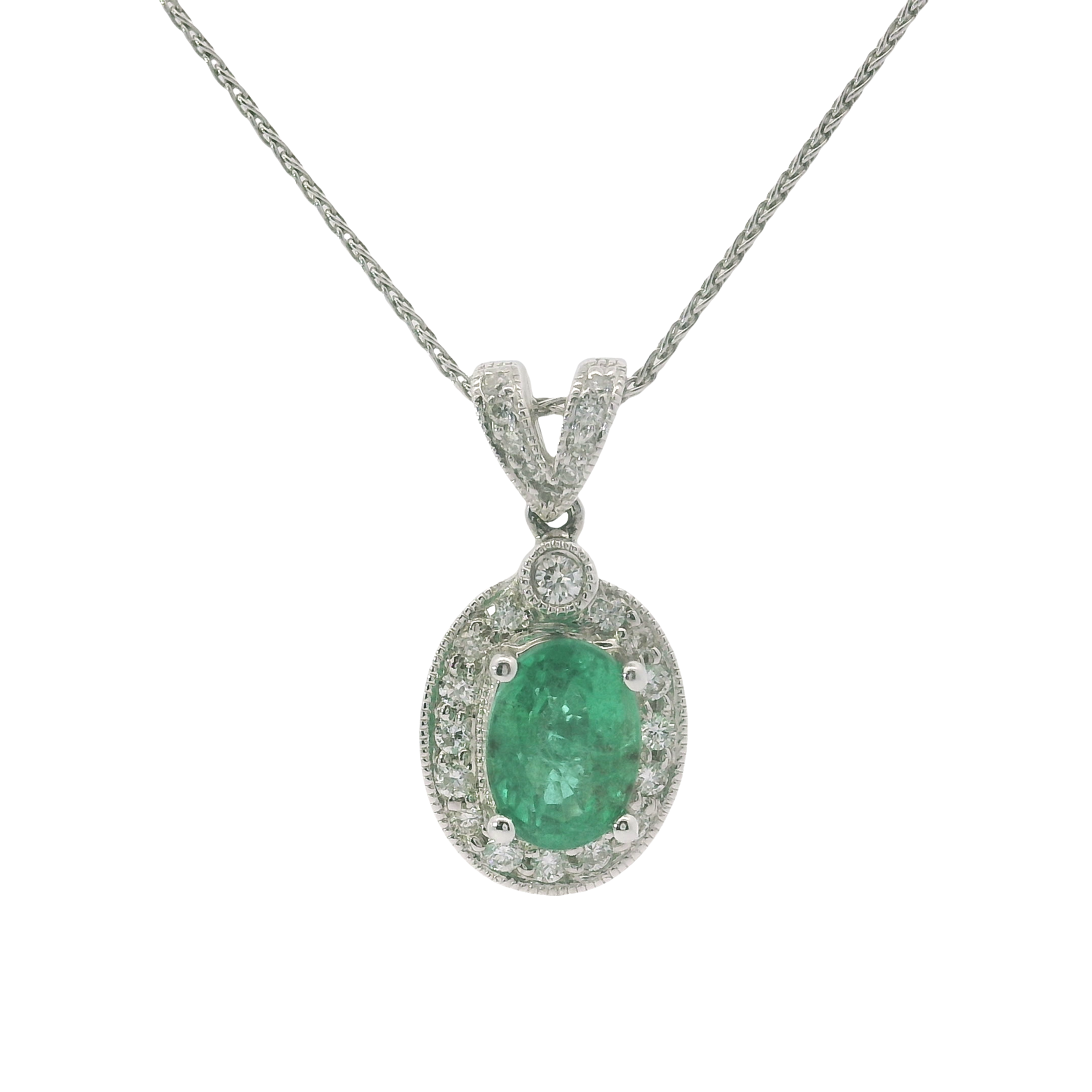 14kt White Gold Emerald Halo Necklace – 18" Wheat Chain