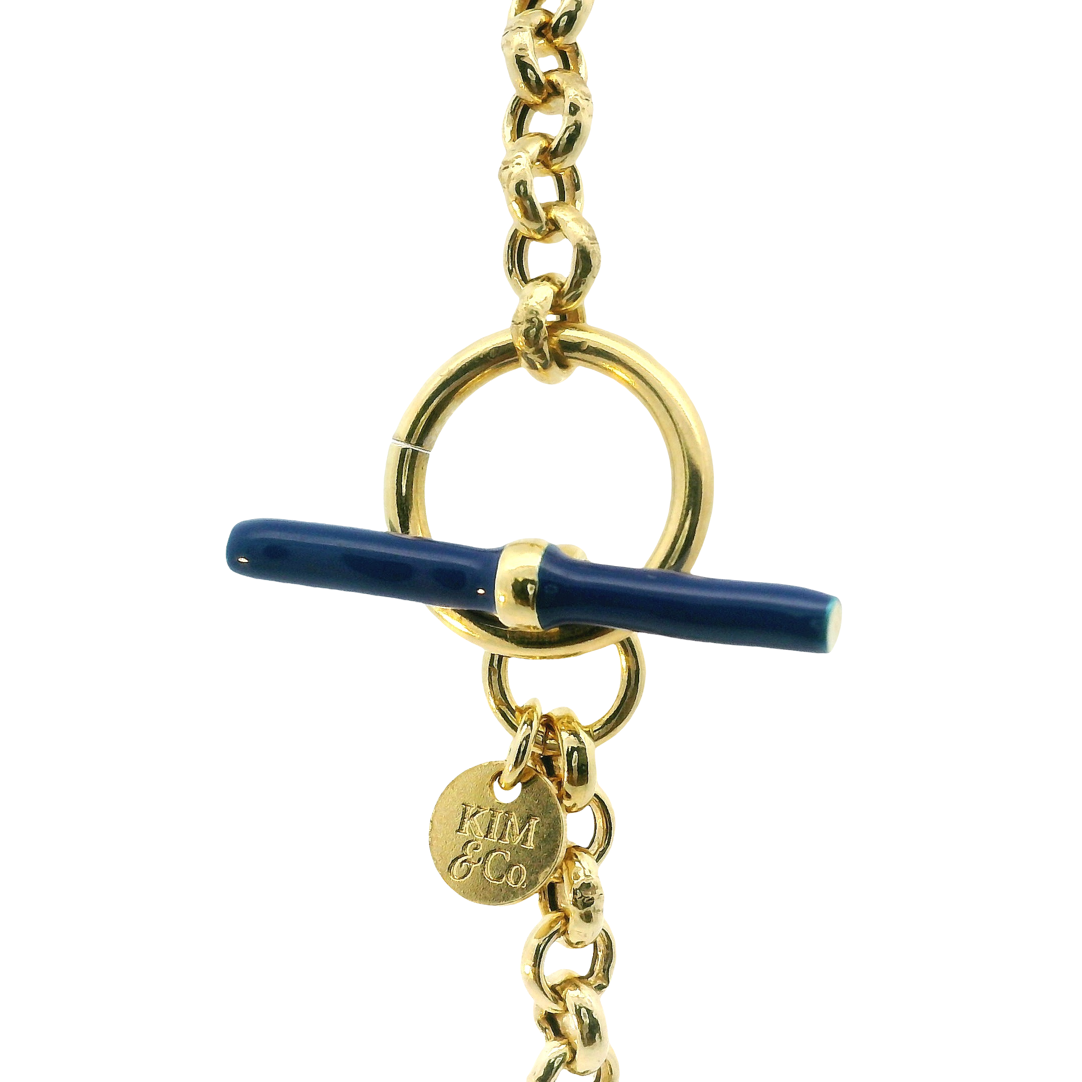 Timeless Elegance: Italian Rolo Chain Bracelet with Gold Plating & Blue Enamel Toggle Closure