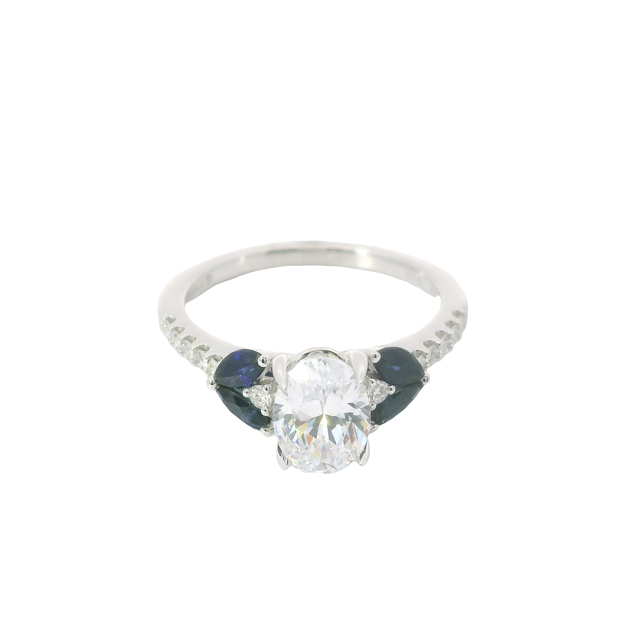Enchanting Contrast: Semi-Mount Ring in 14K White Gold with Oval CZ, Marquise Sapphires & Accent Stones – Size 6