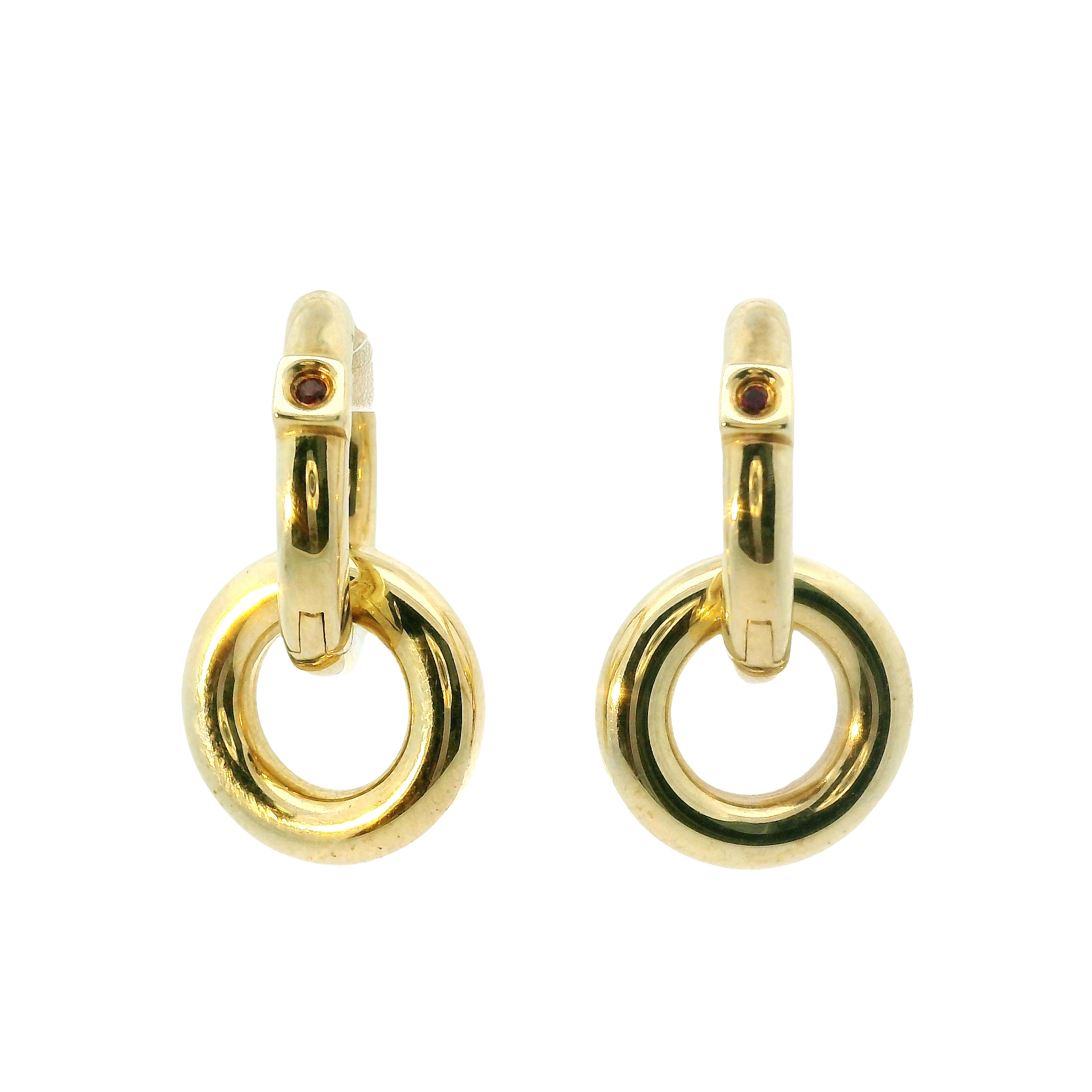 Yellow Sterling Silver Hoop Earrings with Red Stone Accents
