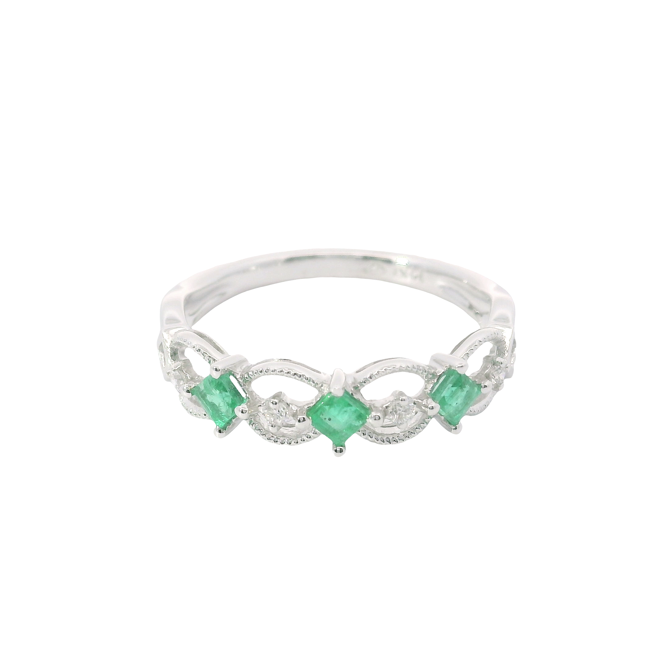 14kt White Gold Antique-Style Ring with Princess-Cut Emeralds & Diamond Accents