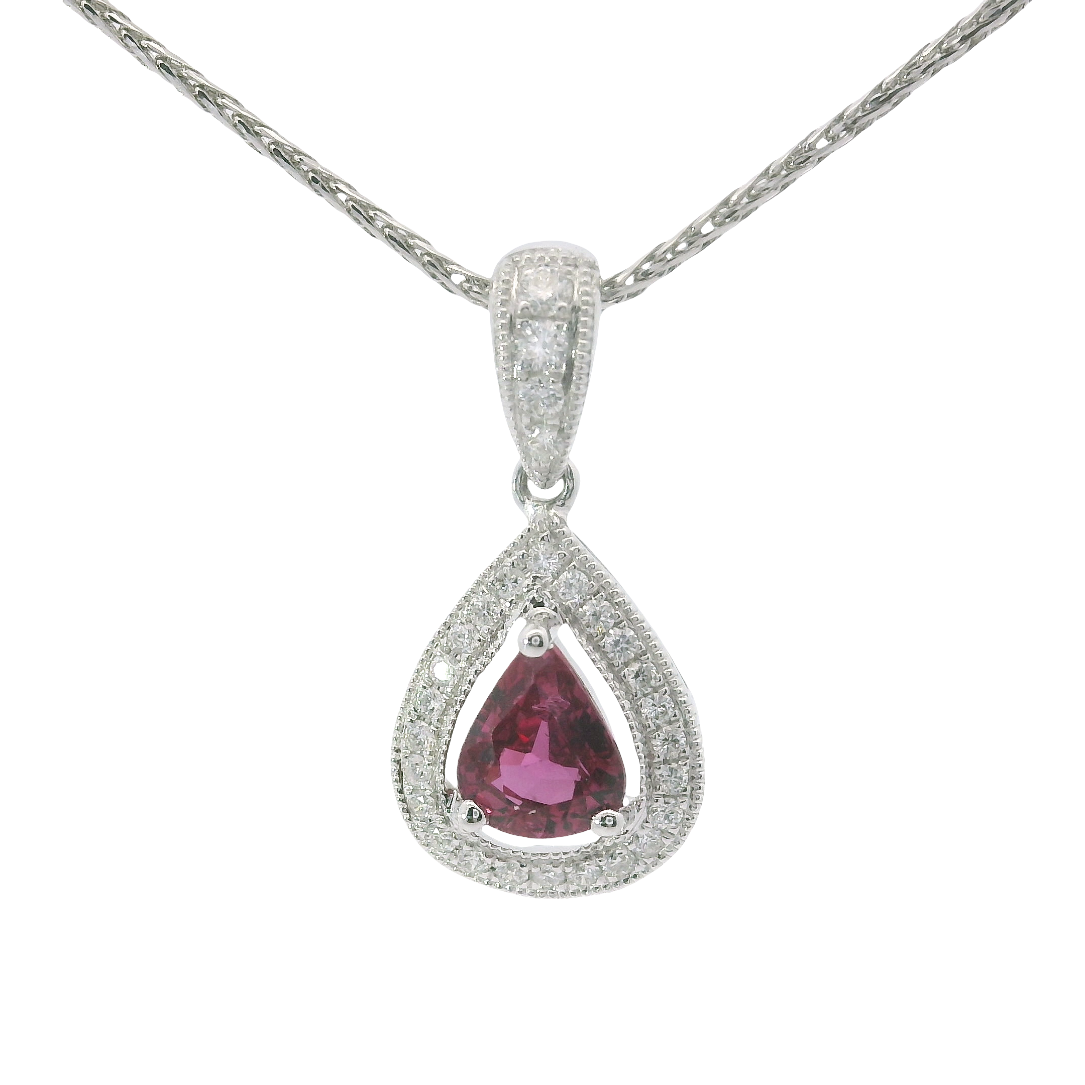 14kt White Gold Pear-Shaped Ruby & Diamond Halo Pendant