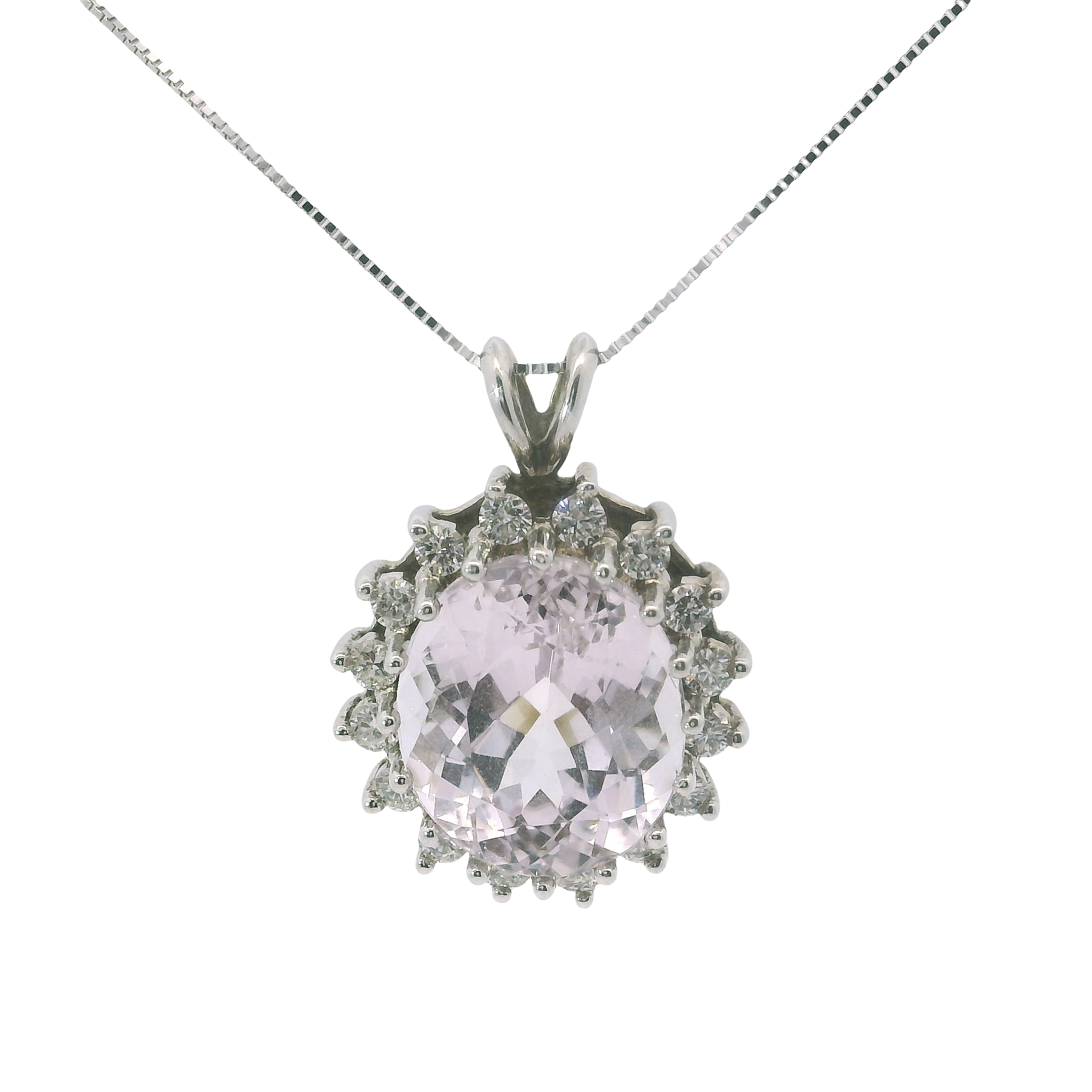 14K White Gold Oval Kunzite Halo Pendant with Diamond Accents – 9.94 Carats