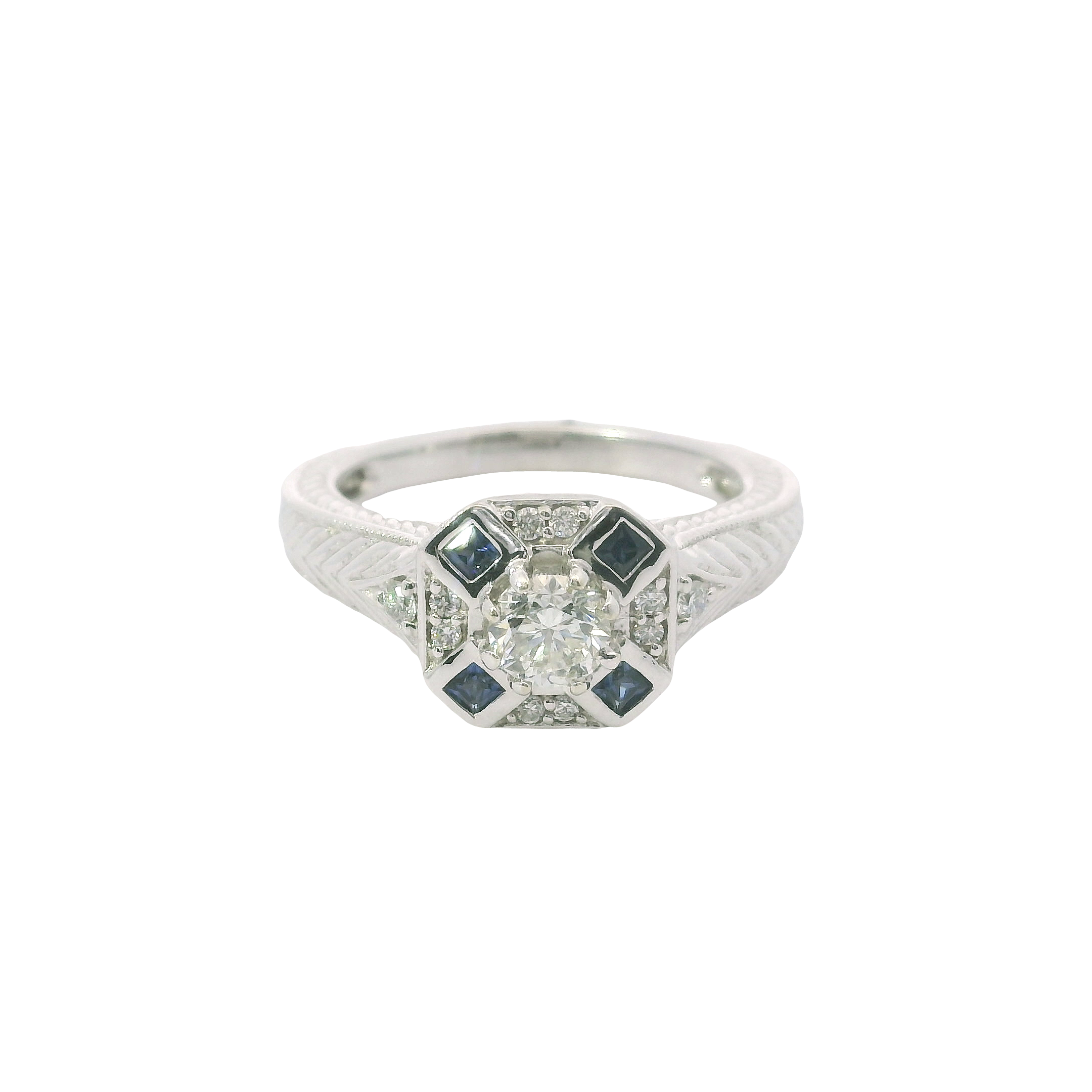 Heirloom Heart: 0.40ct Diamond & Sapphire Vintage Engagement Ring in 14K White Gold – Size 6.5