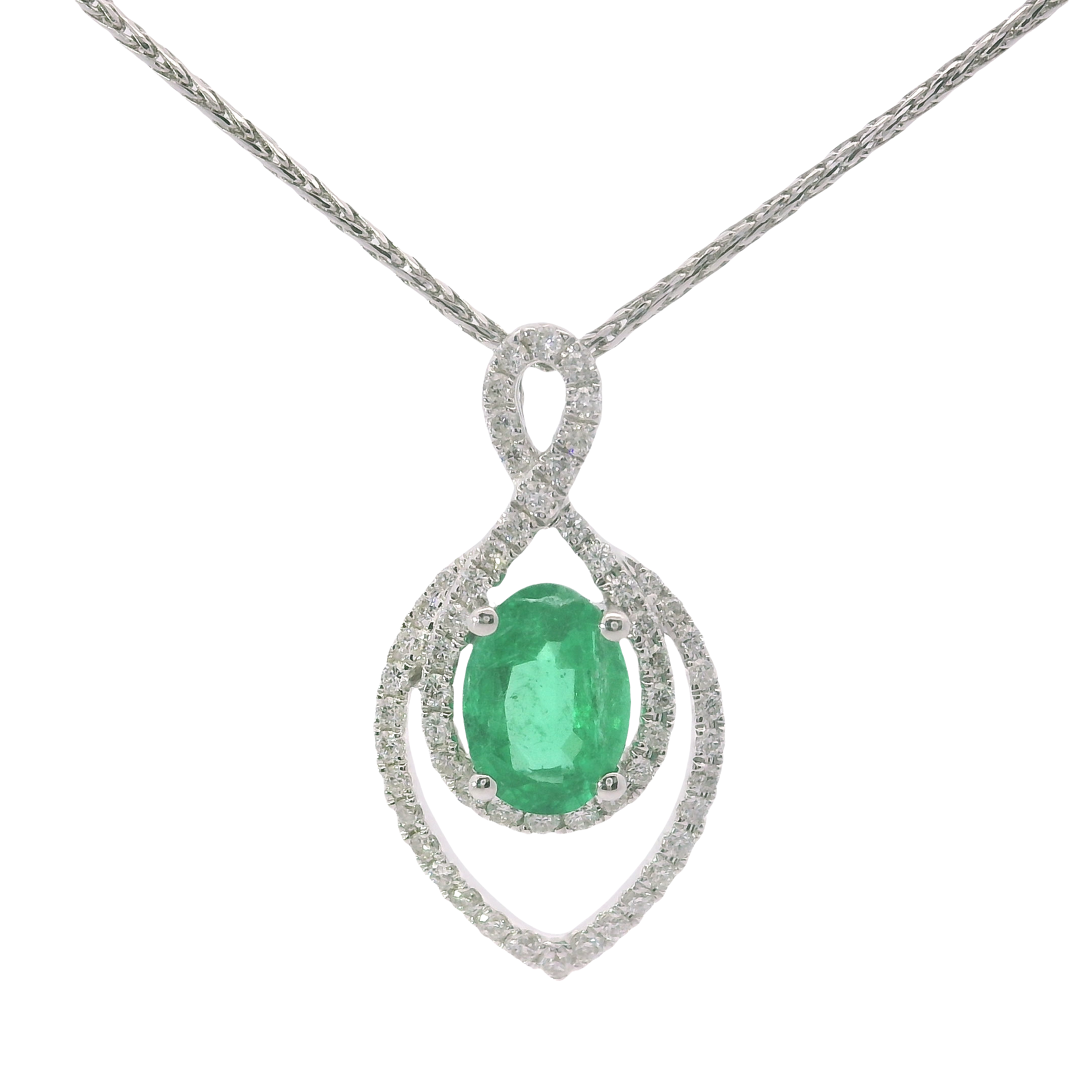 14kt White Gold Oval Emerald & Diamond Halo Pendant