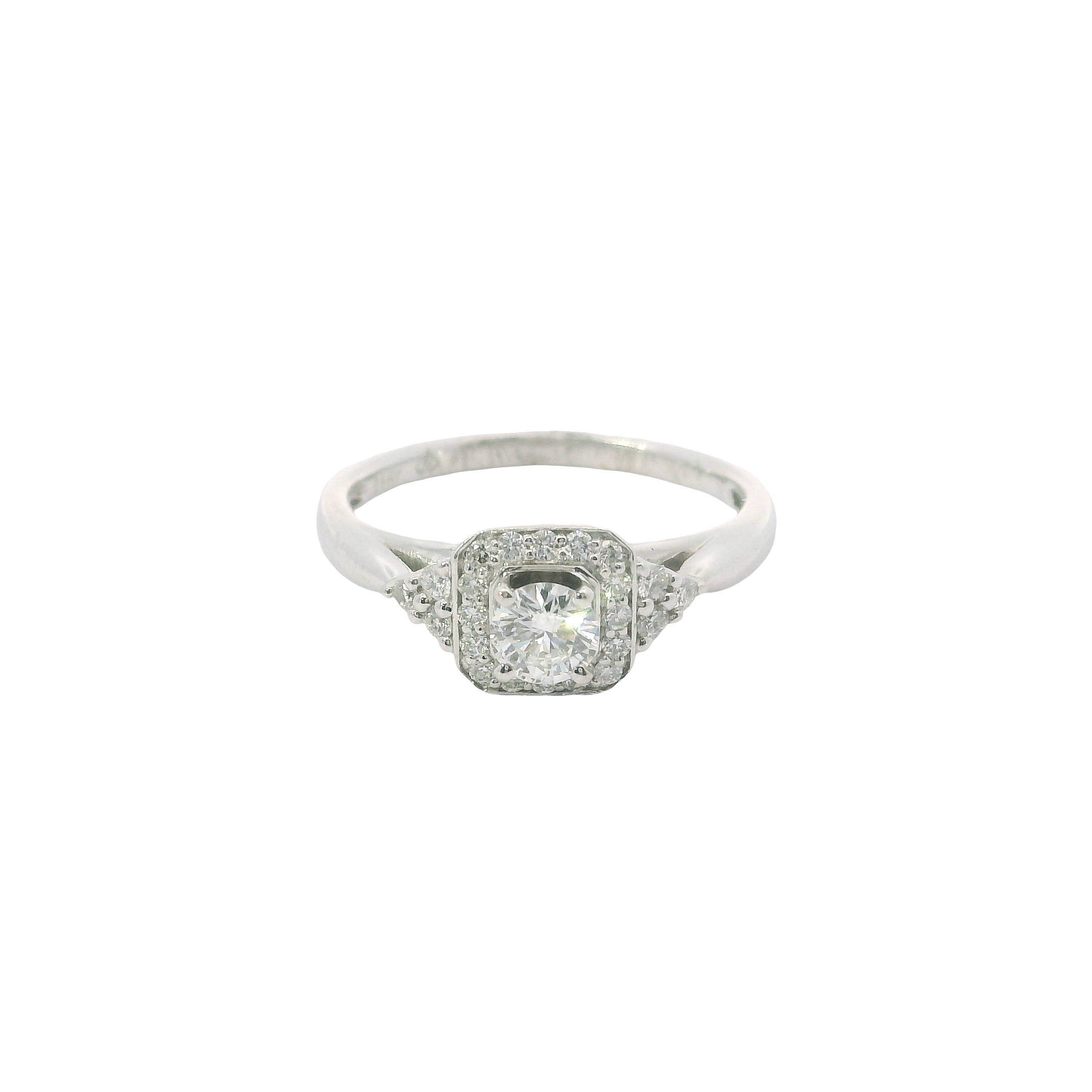 Timeless Trio: 3-Stone Halo Engagement Ring with 0.26ct Center Diamond in 14K White Gold – Size 6.75