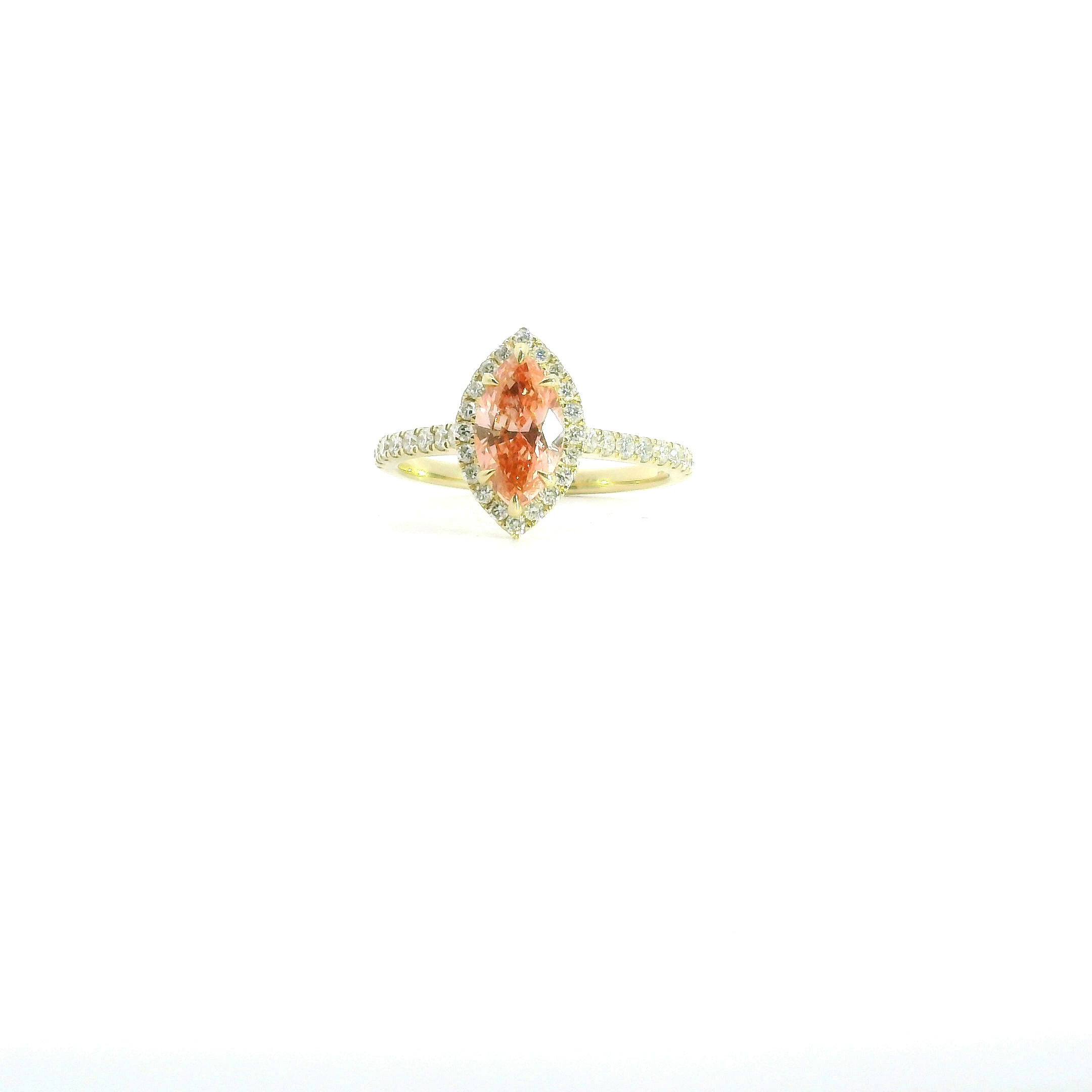 Yellow 14 Karat Lab Grown Diamond Engagement Rings With One = 1.01Ct Marquise Vs1 Pink Diamond And 36 = 0.40Twt Round E Vs1 Diamonds