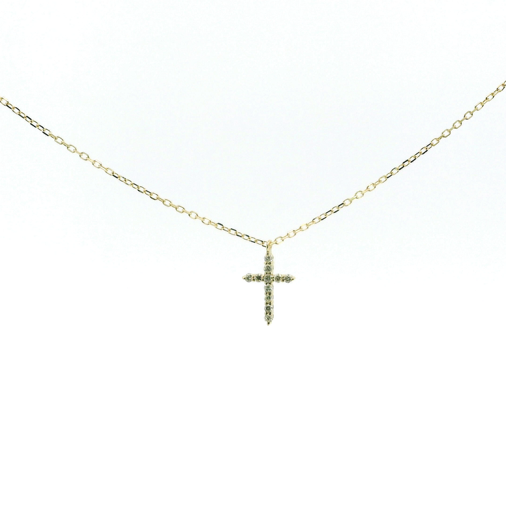 Lady's Yellow 14 Karat cross Necklace With 11 = 0.08Twt Round G/H Si1 Diamonds