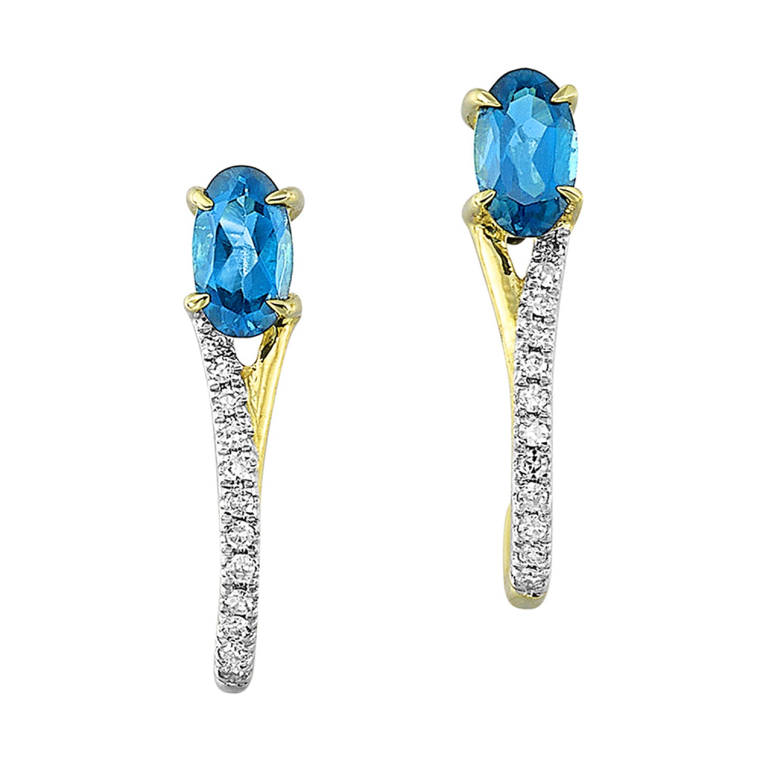 Lady's Yellow 10 Karat Earrings With 24 = 0.20Tw Round I I1 Diamonds And 2 = 0.50Tw Oval Blue Topazs