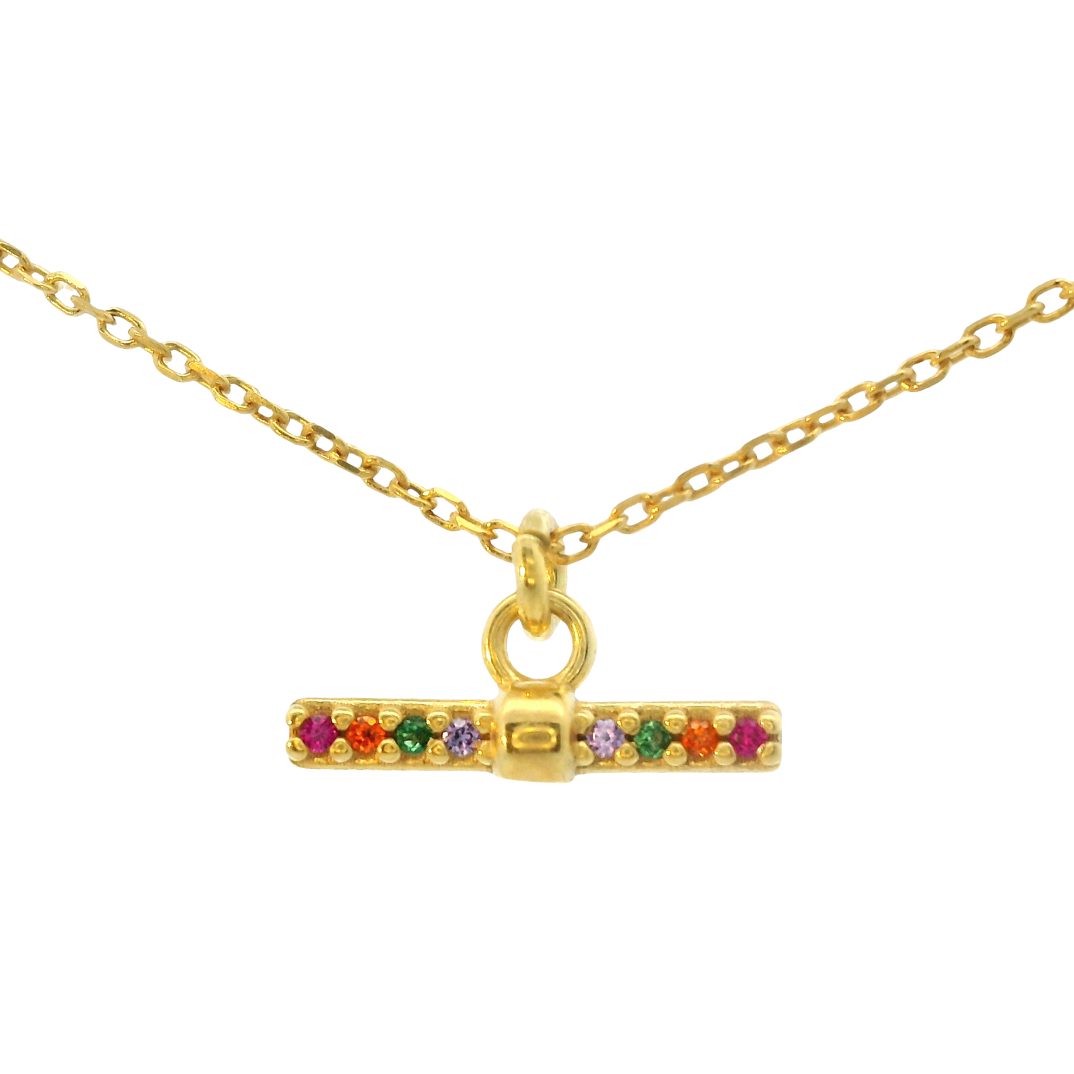 Italian Toggle Drop Necklace – 14K Gold Over Sterling Silver with Multi-Colored Cubic Zirconia, Adjustable 16–18"