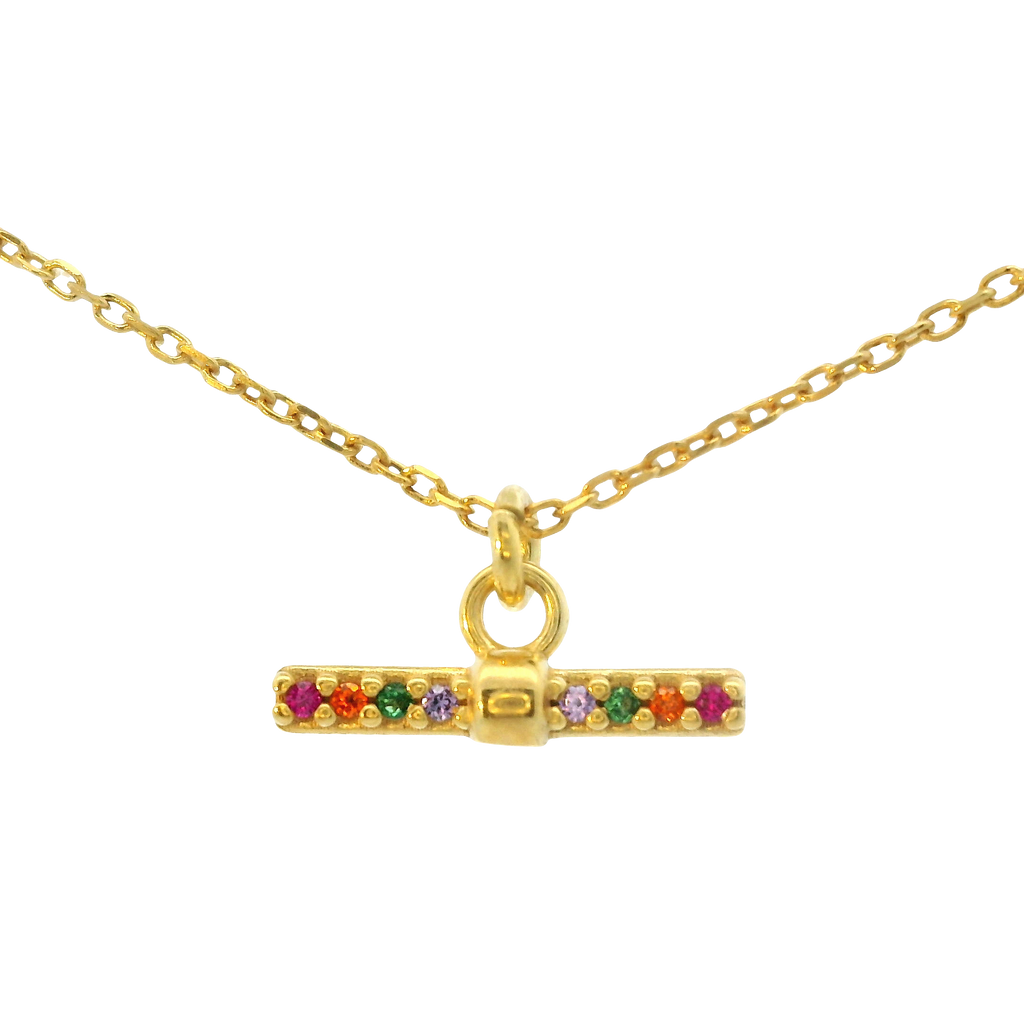 Italian Toggle Drop Necklace – 14K Gold Over Sterling Silver with Multi-Colored Cubic Zirconia, Adjustable 16–18"