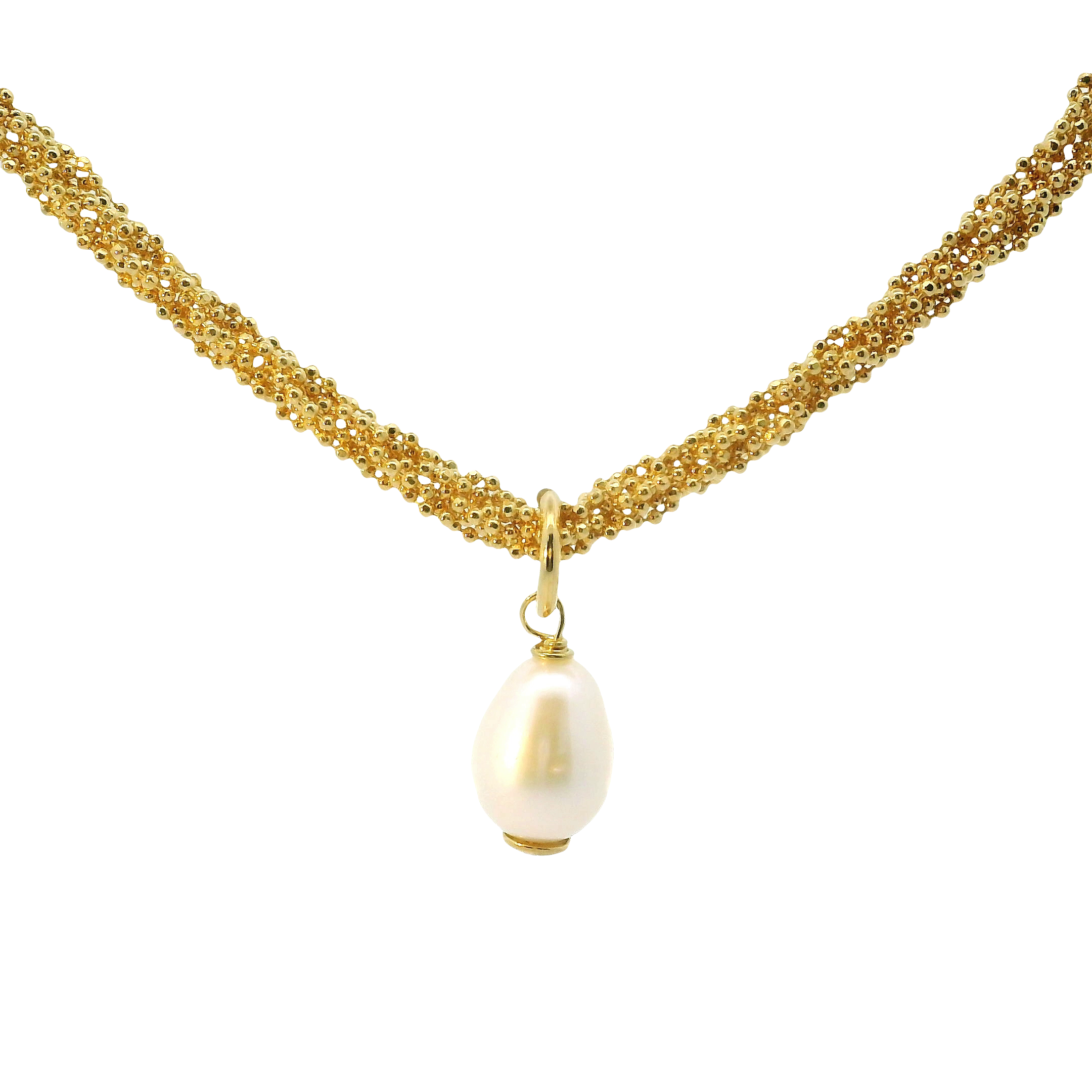 Italian Braided Ball Necklace with Baroque Pearl – 14K Gold Over Sterling Silver, Adjustable 16–18"